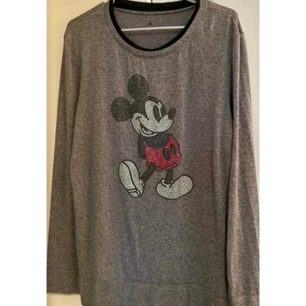 Disney Parks Mickey Mouse Rhinestone Long Sleeve Gray Pullover Top Womens Large